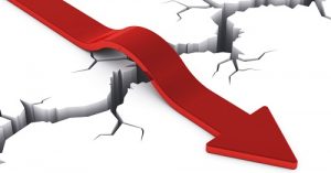 Success and achievement abstract business concept: red arrow over deep crack isolated on white background